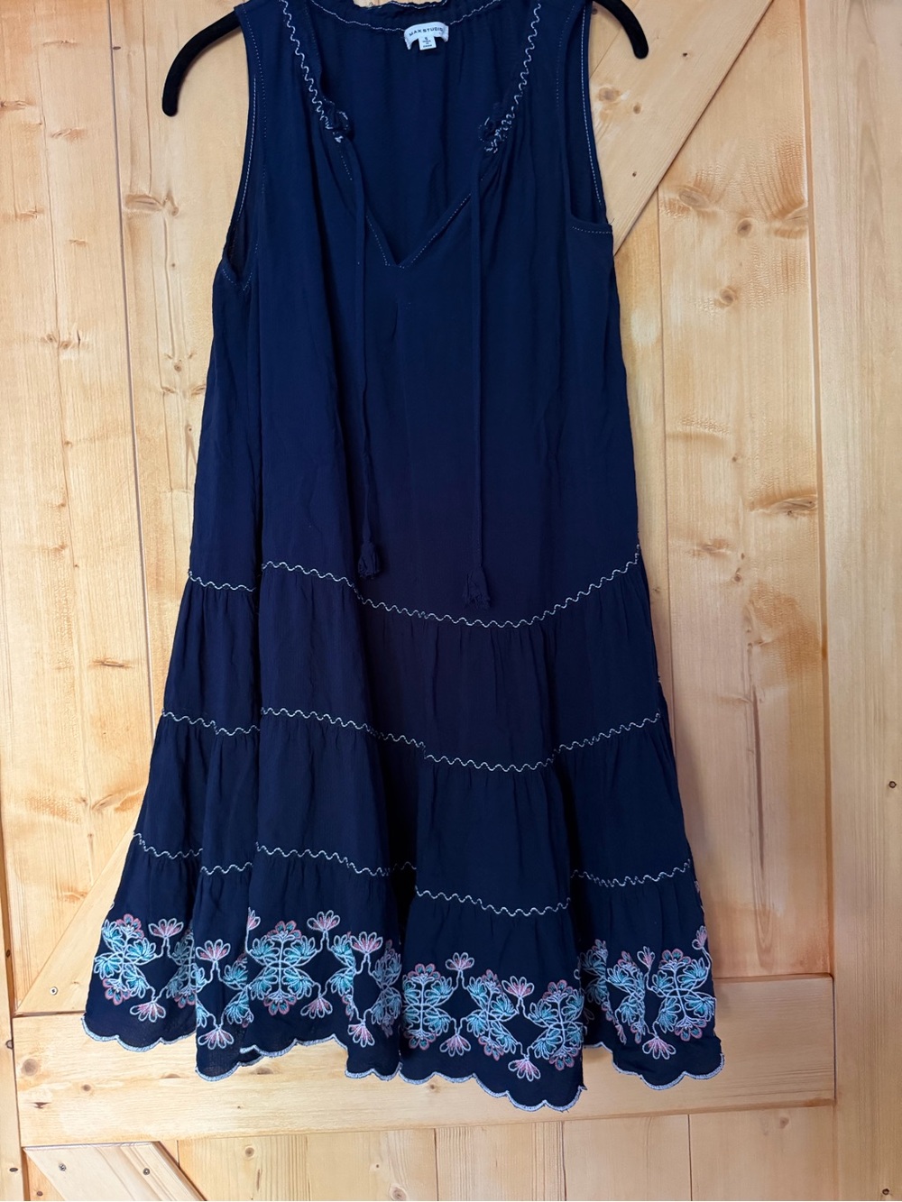 Max Studio Navy Blue Embroidered Tiered Boho Mini Dress S